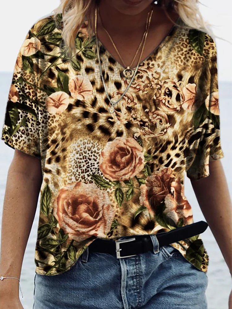 Vintage Roses Leopard V Neck T Shirt