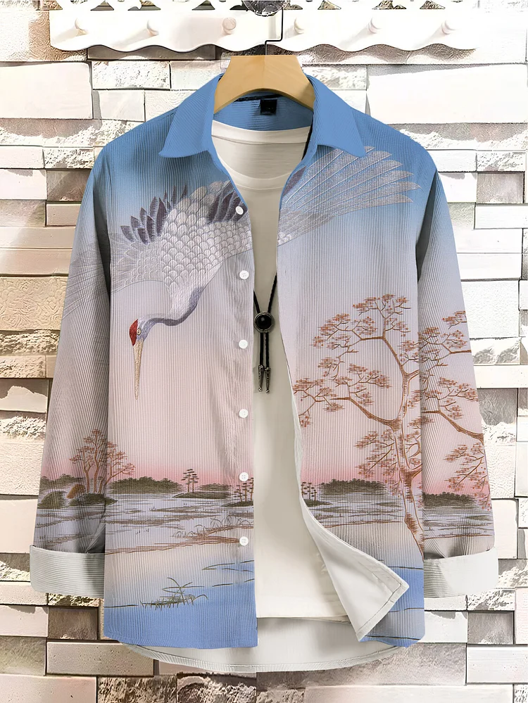 Men's Japanese Art Crane Print Corduroy Long Sleeve Shirt