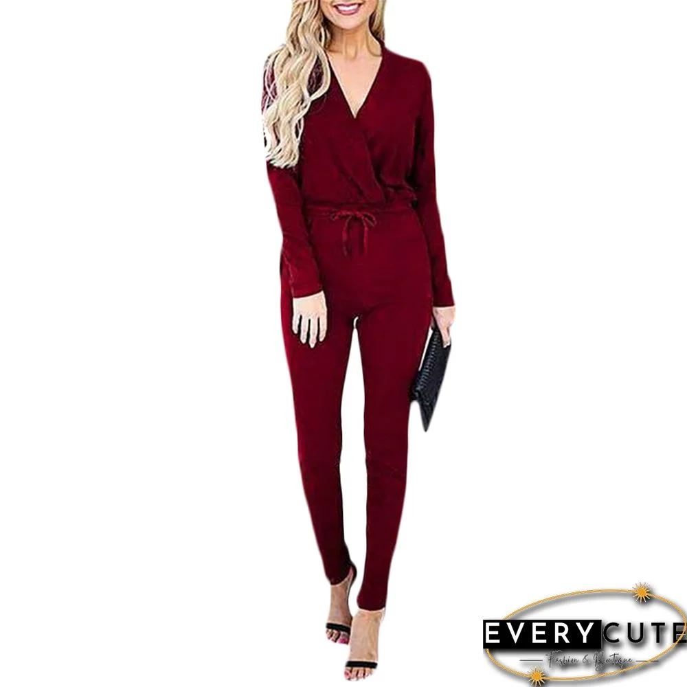 Wine Red V Neck Long Sleeve Jumpsuit With Pockets