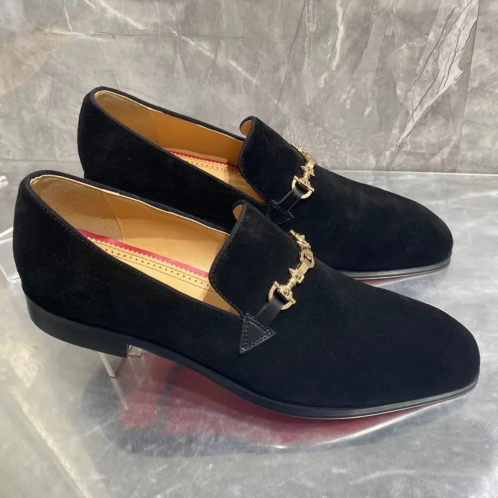Gentleman's  Black Suede Leather Spike Strap Square Toe Slip-On Dress Prom Wedding Red Bottom Shoes-vocosishoes