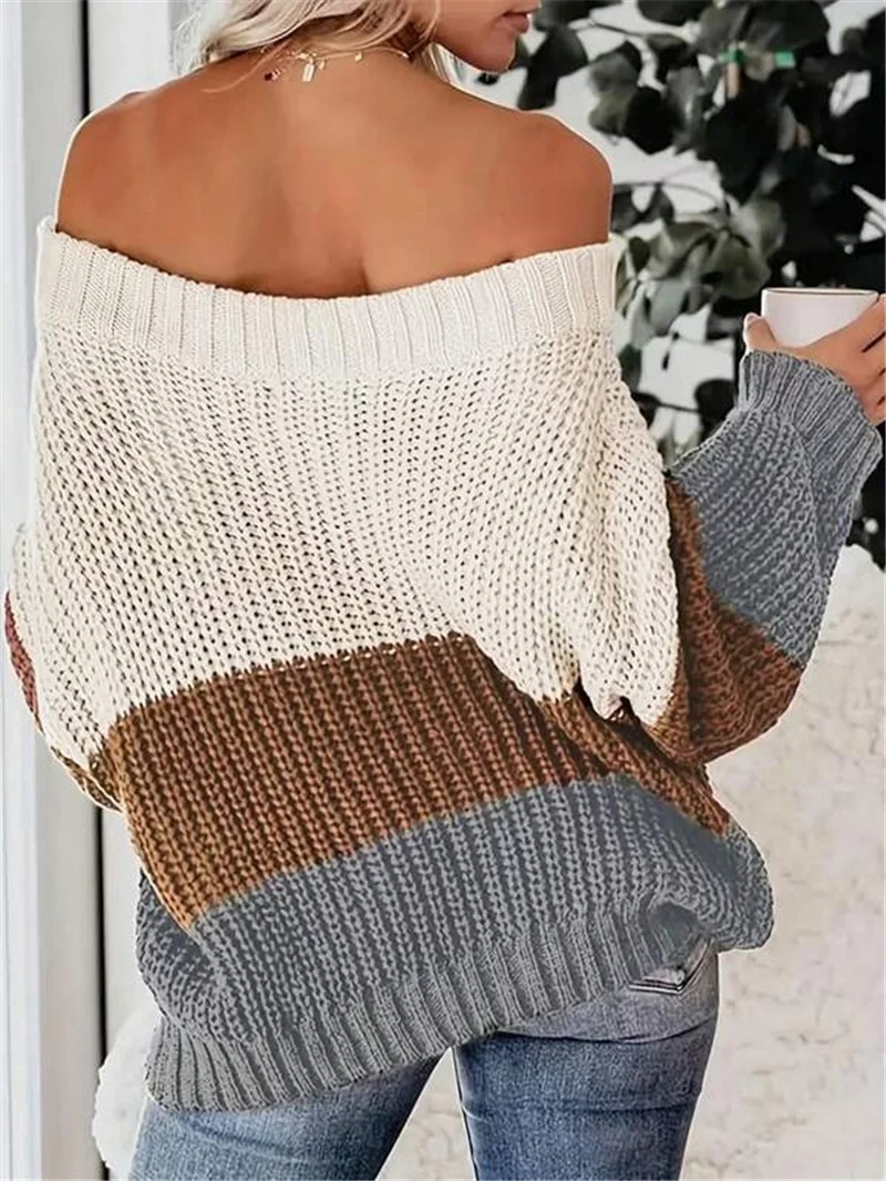 Athvotar Athvotar And Winter New Word Collar Shoulder Splicing Bump Color Loose Knitting Jacket Sweater