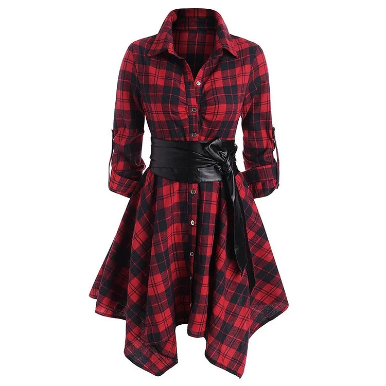 Women's Autumn New Long-sleeved Plaid High-waist Slim Dress