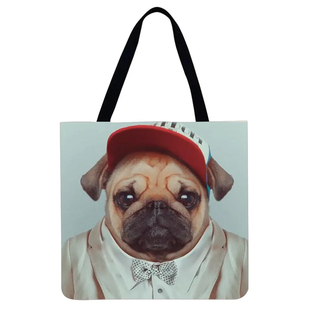 Linen Tote Bag -  A Pug In A Suit And Hat