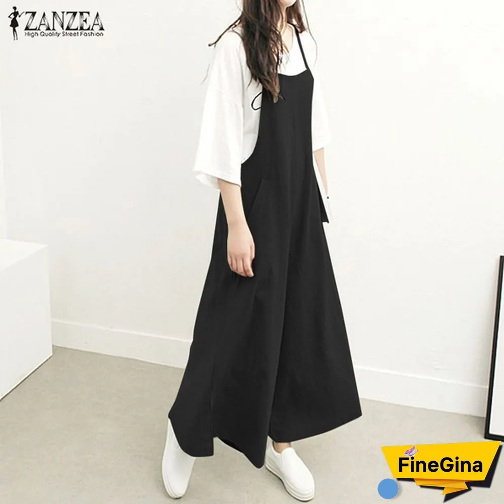 ZANZEA Summer Women Cotton Loose Strappy Romper Long Pants Wide Legs Jumpsuit Pure Color Plus