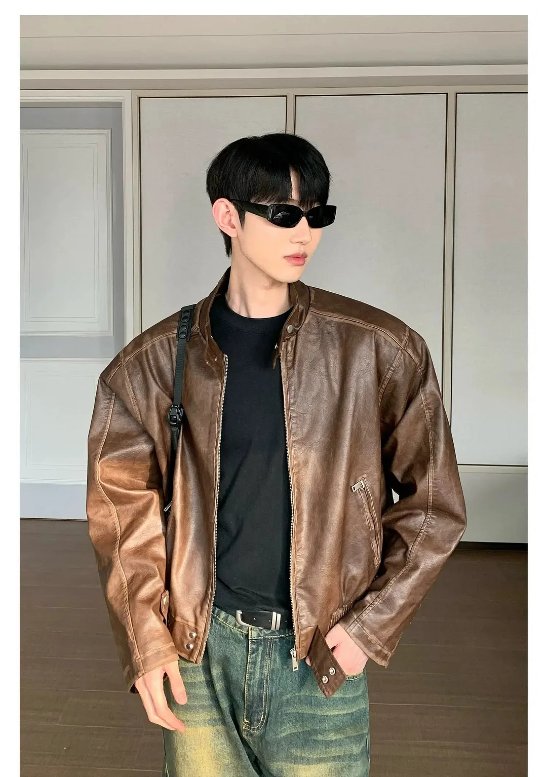 Aonga Stand Collar Cotton PU Leather Bomber Jacket
