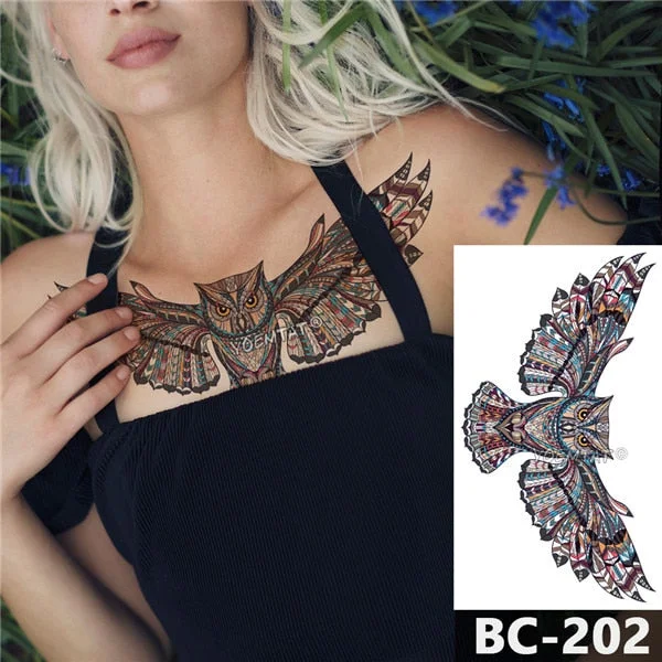 1 Sheet Chest Body Tattoo Temporary Waterproof Jewelry Bohemian colored owl Pattern Decal Waist Art Tattoo Sticker for Women