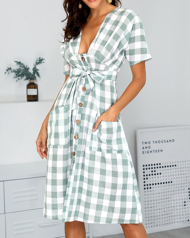 Grid Dual Pocket Buttoned Casual Dress P12199