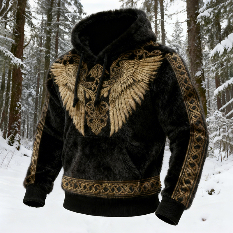 Men's Viking Celtic Wings Pattern Cozy Plush Hoodie elevenforest