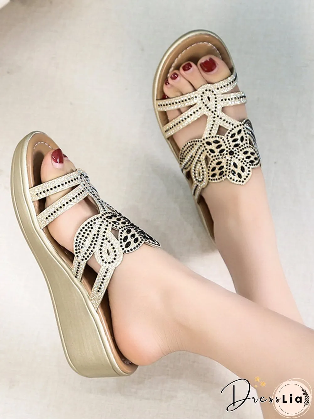 Rhinestone Floral Leaf Cutout Glitter Wedge Slippers