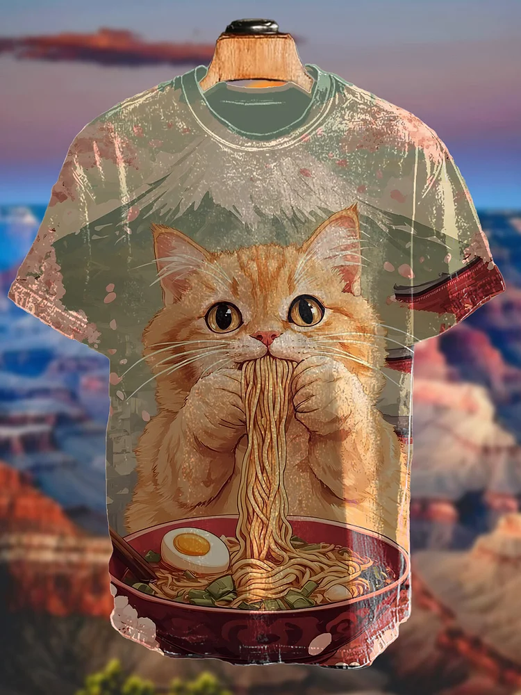Men's Cat Eating Ramen Japanese Mount Fuji Print Casual T-Shirt