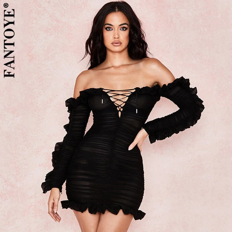 Women Ruffle See Through Dress Sexy Off-Shoulder Bandage Bodycon Dress Ladies Strapless Skinny Party Dresses Vestidos