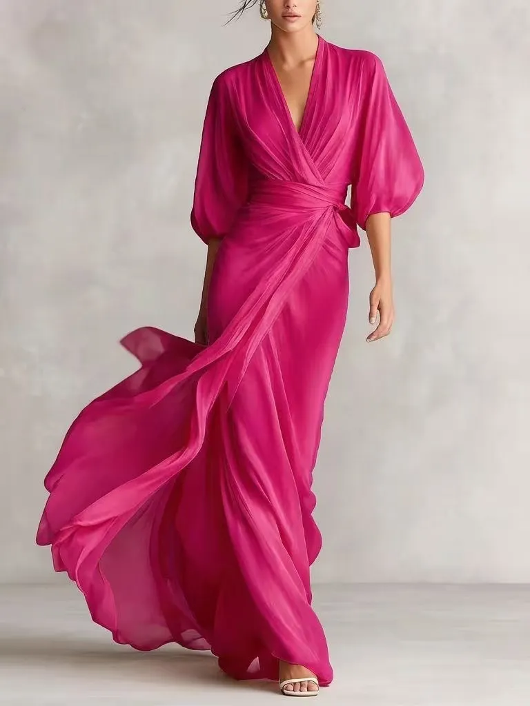 Women's Deep V-neck Raglan Sleeves And Waist Long Dress elevenforest