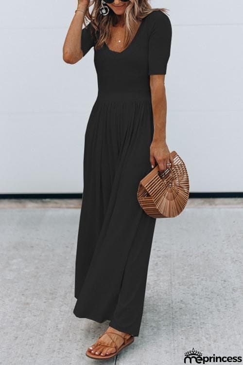U Neck Short Sleeve Loose Jumpsuit