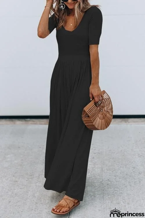 U Neck Short Sleeve Loose Jumpsuit