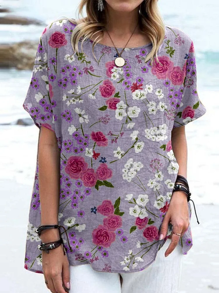 Women's Elegant Vintage Floral Print Cotton and Linen Top