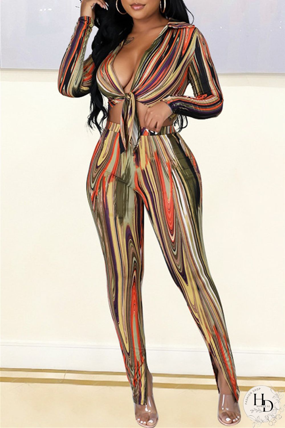 Rose Red Blue Sexy Casual Print Bandage Turndown Collar Long Sleeve Two Pieces