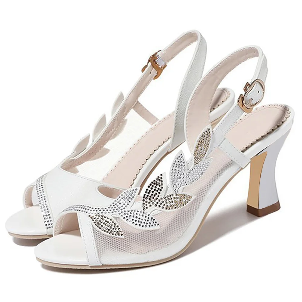 Full White Almond Toe Sandals Lace Cute Kitten Heels with Leaf Pattern Nicepairs