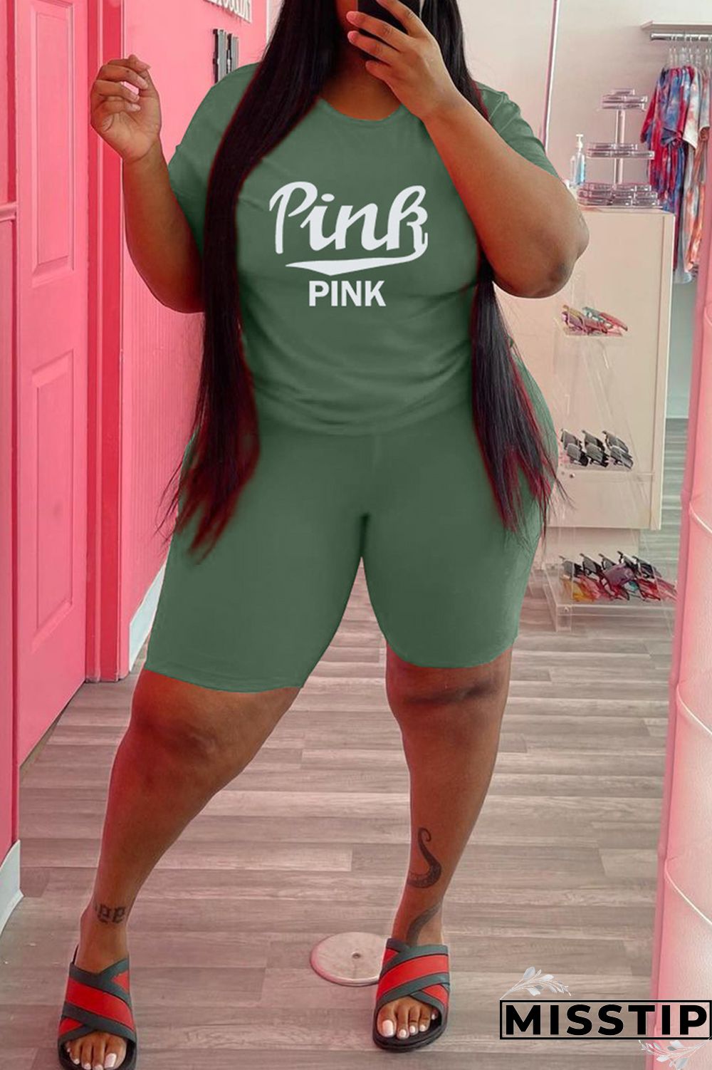 Army Green Fashion Casual Letter Print Patchwork O Neck Plus Size Two Pieces