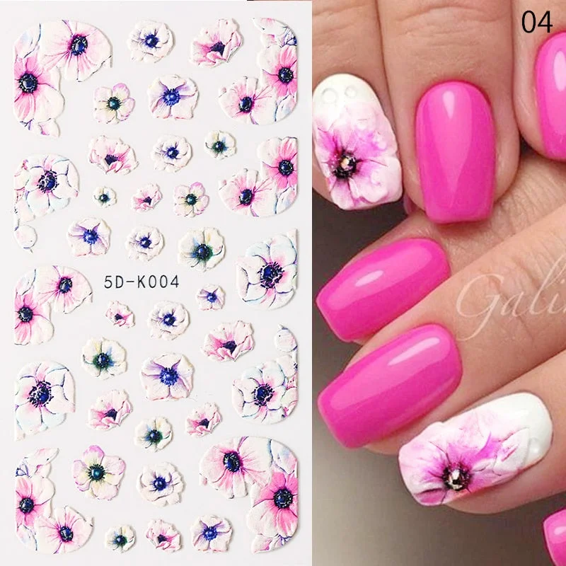1PC French 5D Nail Sticker Embossed Flower Bubble Pattern Self-Adhesive Slider Wedding Design Nails Decals Nail Art Decoration-Nail Inspo