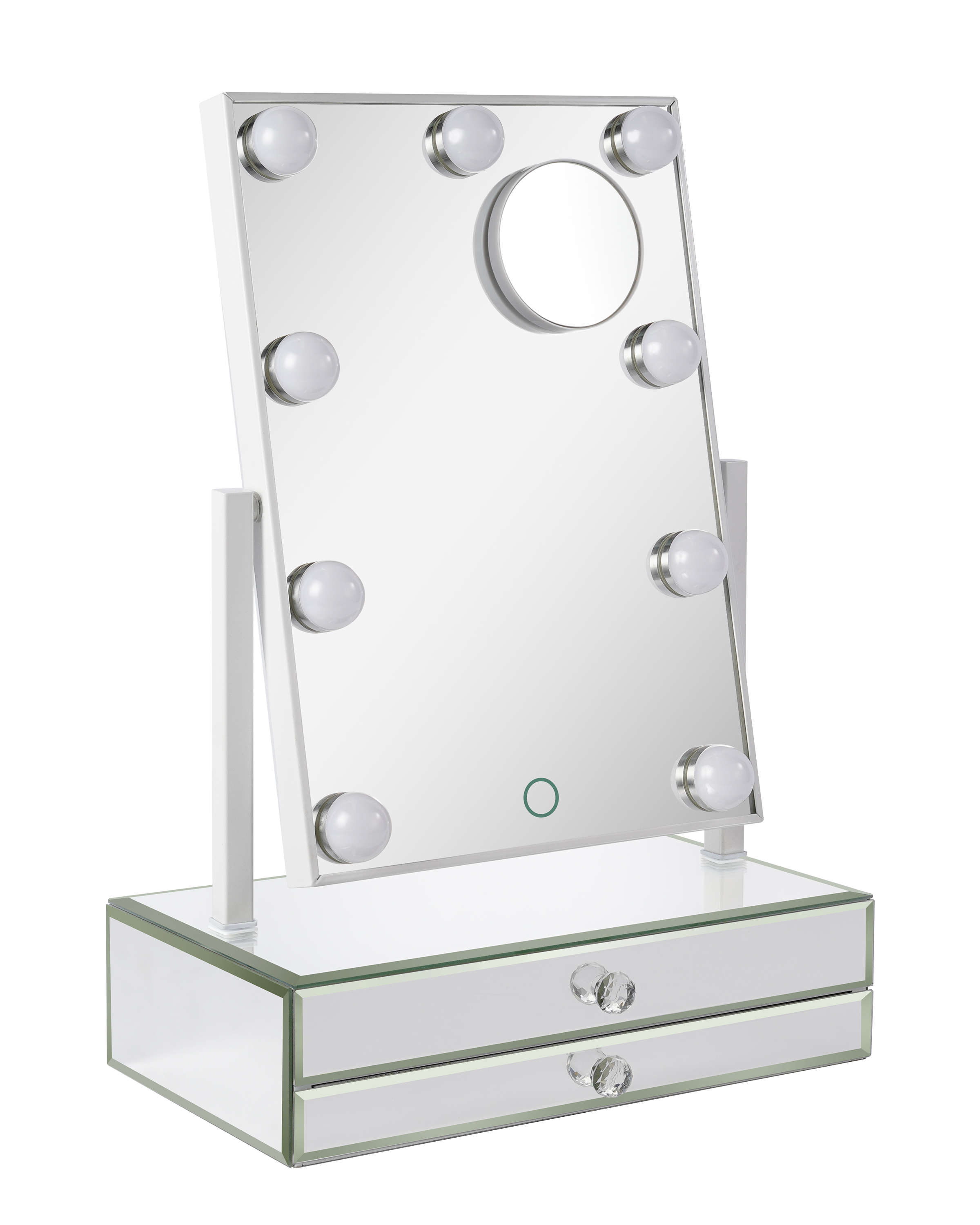 Star Vision 2-in-1 Large Lighted Hollywood Mirror & Glass Jewelry Organizer, 3 Color Tones & Dimmable Light, 2-Layer Drawers, Luxury Crystal Diamond Effect Surface, Includes a 10X Magnification Mirror