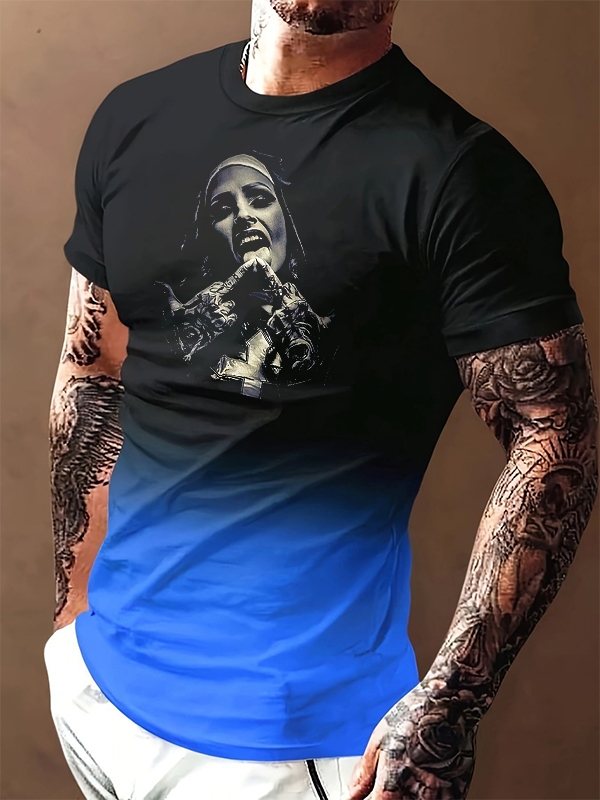 Finger Licking Evil Nun Street Style Graphic Print Color-blocking Tees