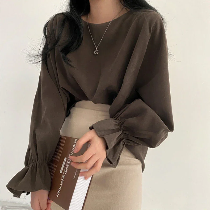 Jangj Alien Kitty 2022 New Spring Autumn Tops Korean Style Sweet Blusas New Women Blouses Simple O-neck Long Sleeve Solid Shirt Female