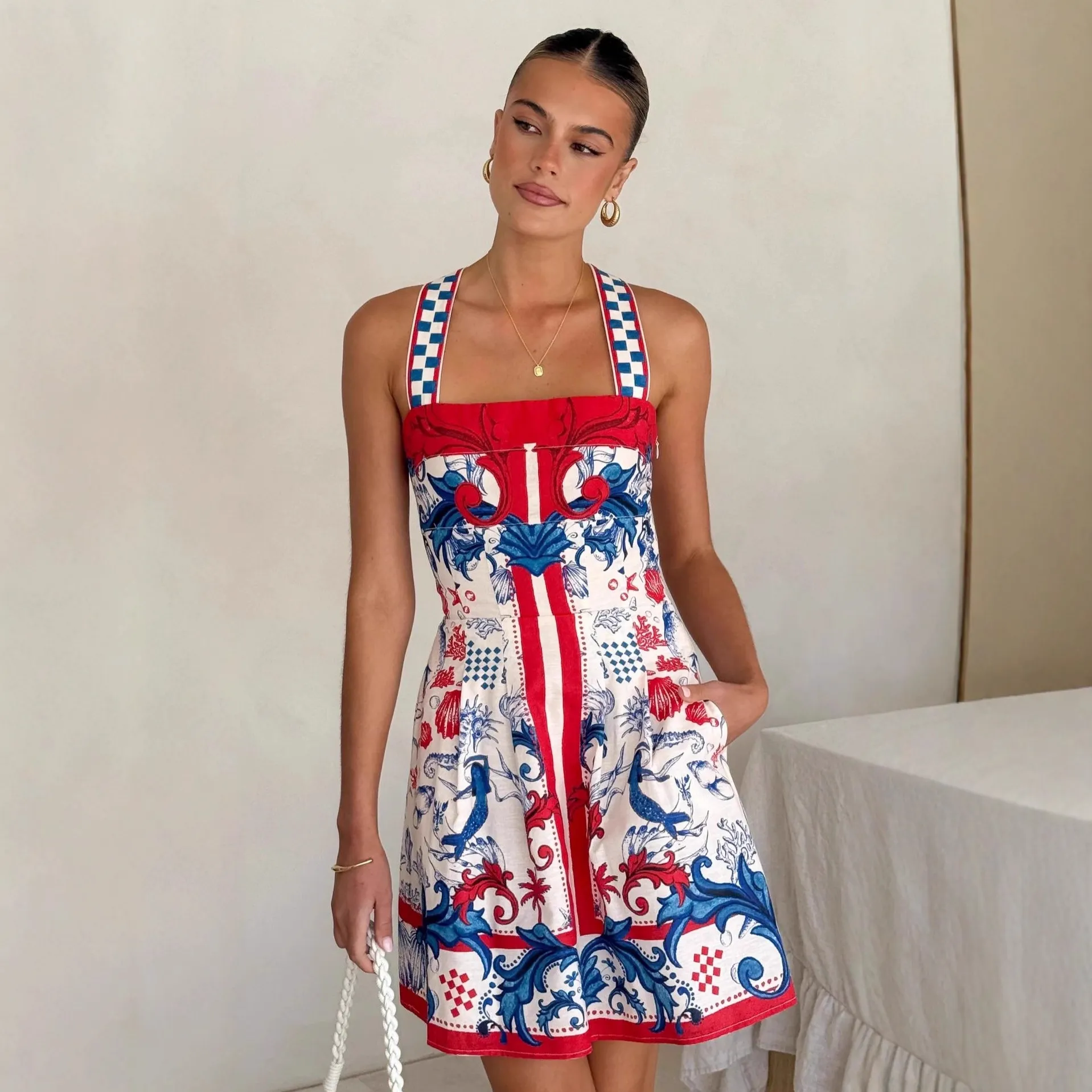 Women&rsquo;s Printed Square-Neck A-Line Mini Dress