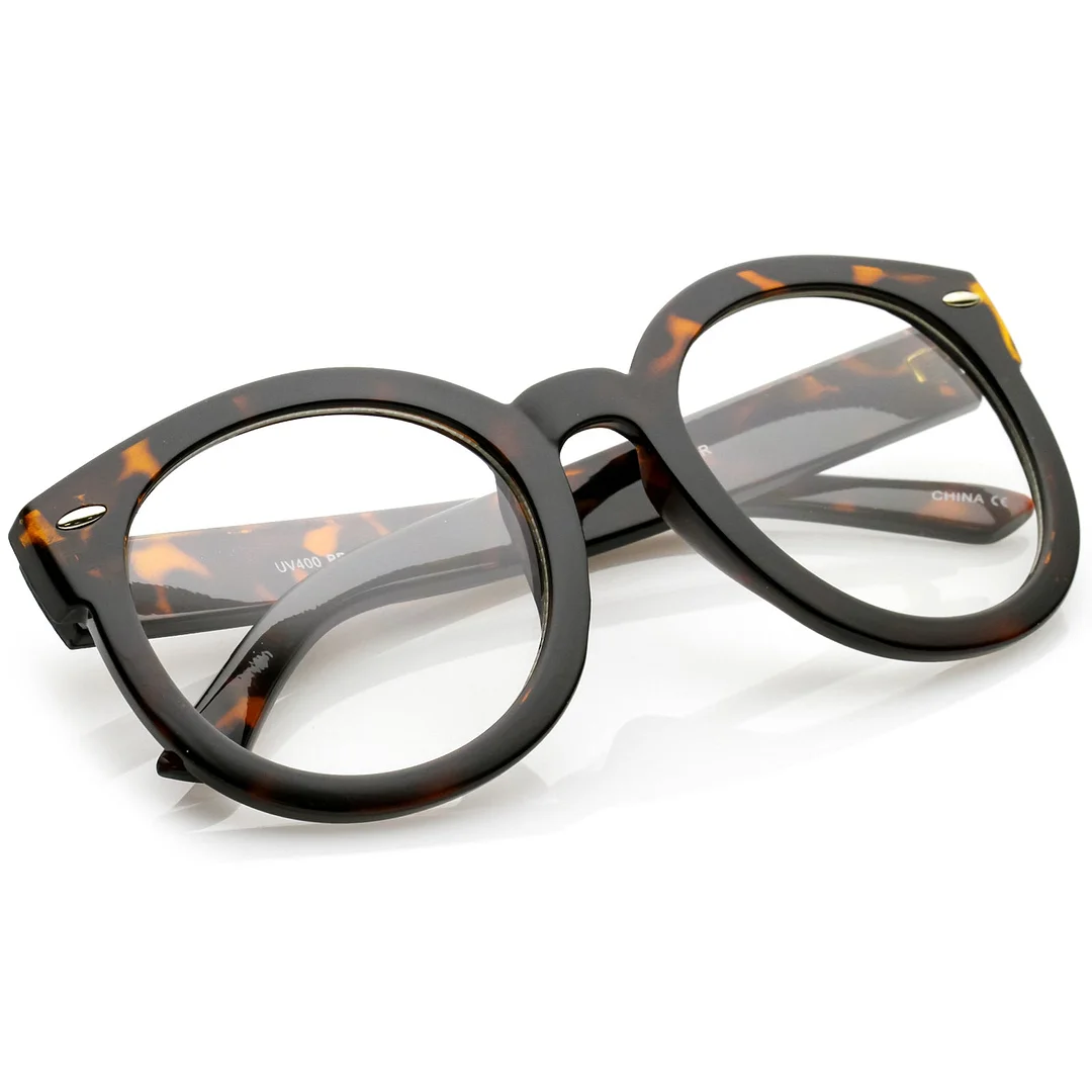 Oversize Thick Arms Round Clear Lens Horn Rimmed Eyeglasses 53mm