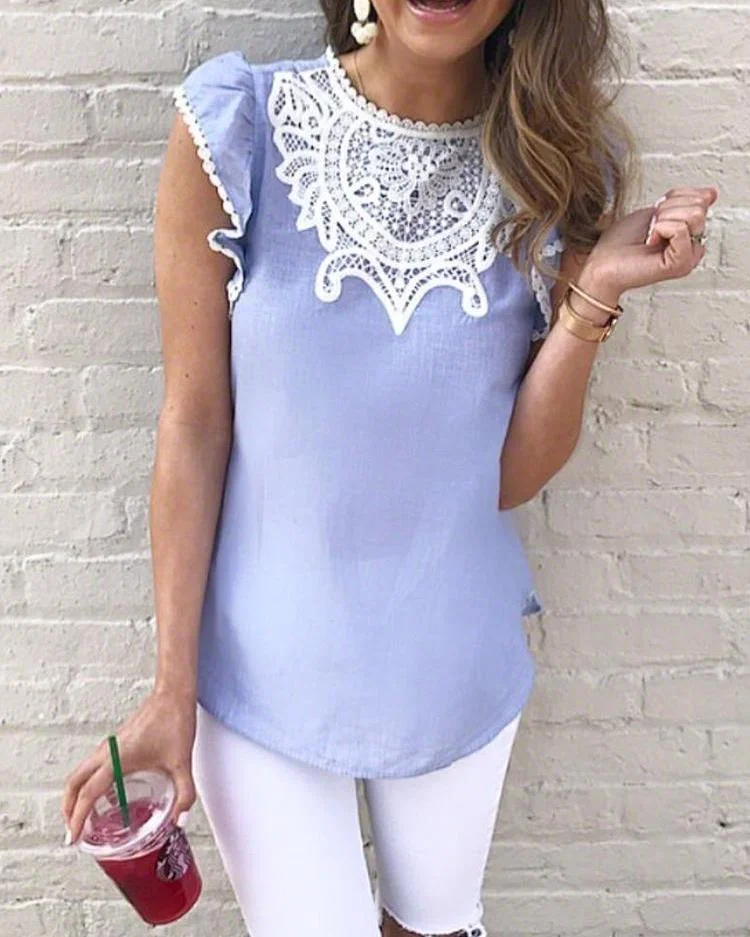 Crochet Lace Splicing Flutter Sleeve Casual Blouse P11115