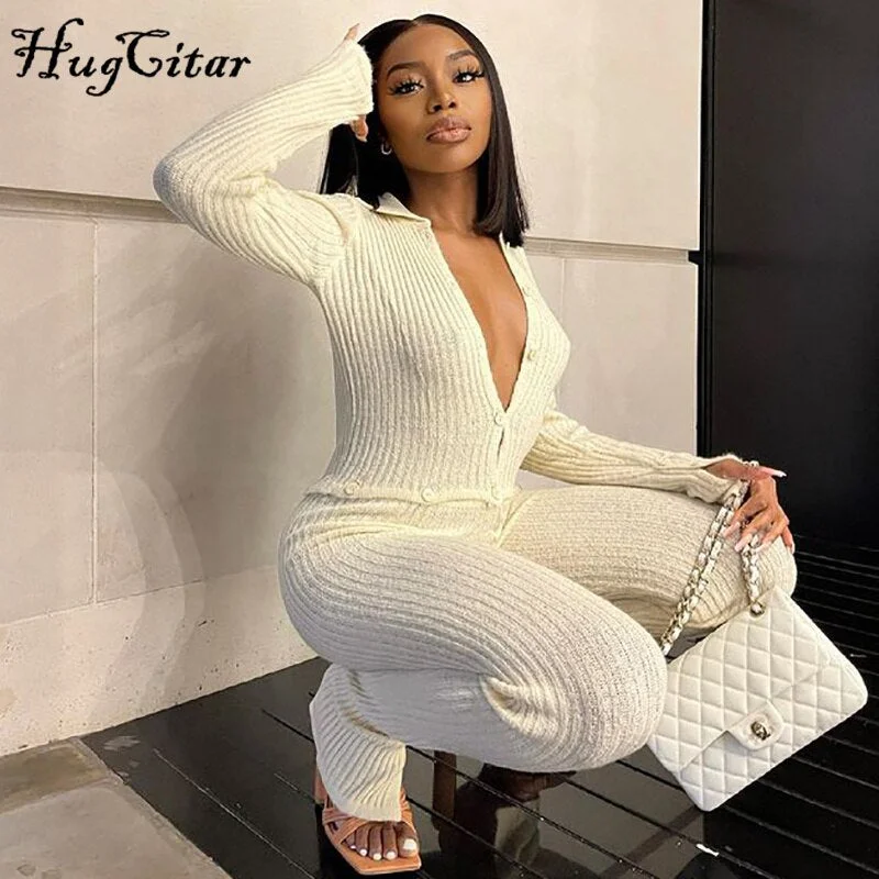 Hugcitar Knitting Long Sleeves  Loose Crop Top Leggings 2 Pieces Detachable Set 2021 Fall Winter Women Fashion Casual Streetwear