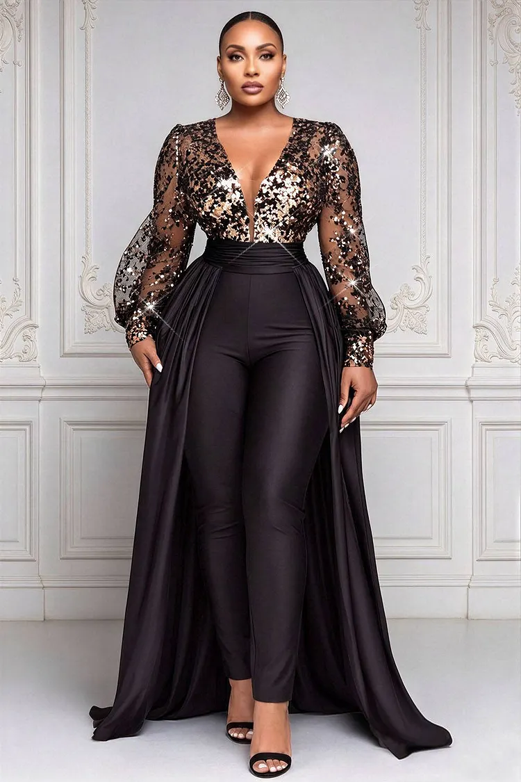 Xpluswear Design Plus Size Formal Satin Black V Neck Lantern Sleeve Long Sleeve With&nbsp;Skirt&nbsp;Overlay&nbsp;Contrast Sequin Jumpsuits [Pre-Order] 2024 - Xpluswear
