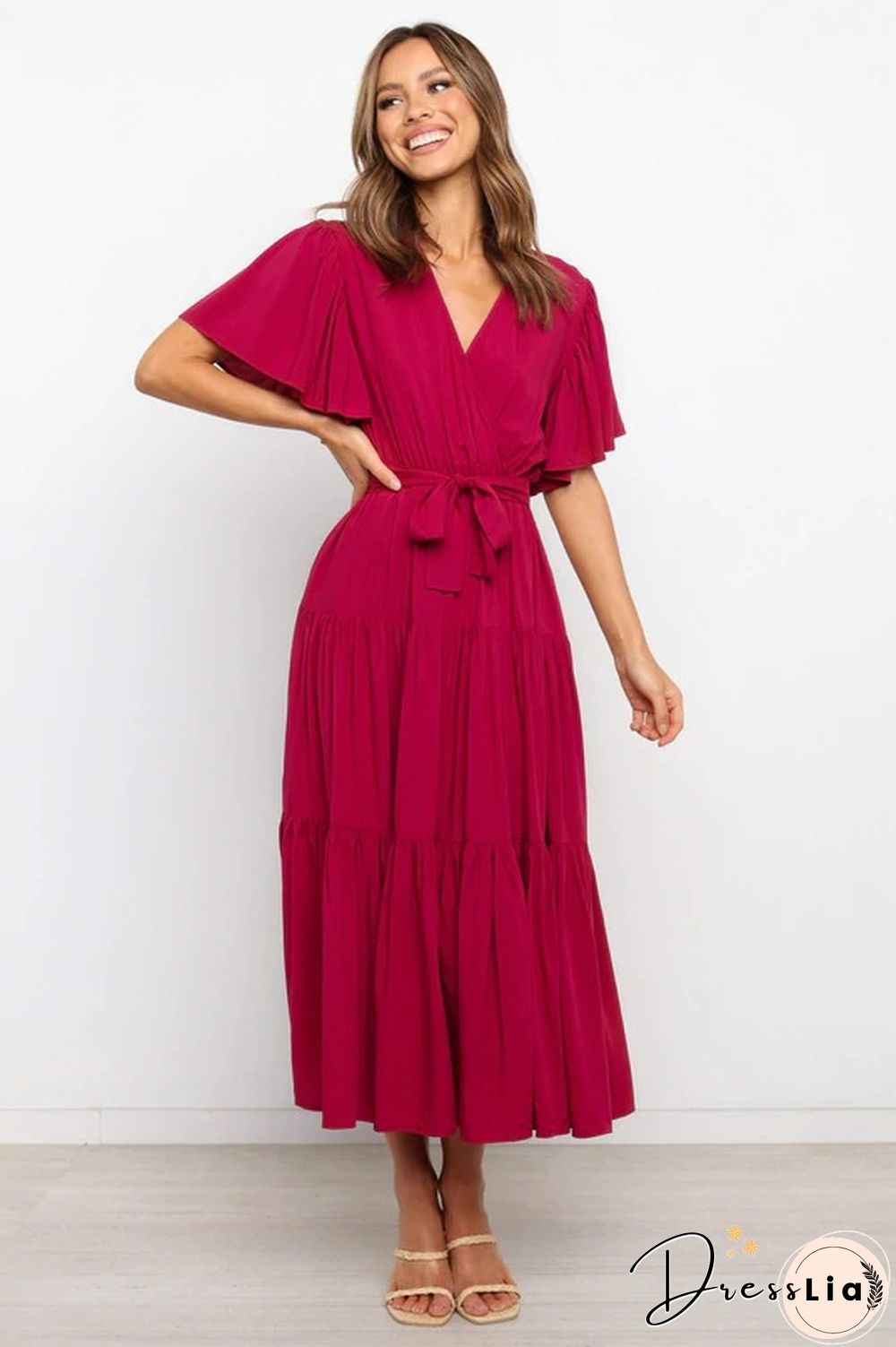 Boho Beach Vacation Summer Women Dresses New Solid V-Neck Short Ruffle Sleeve Lace-up Swing High Waist A-line Long Dress