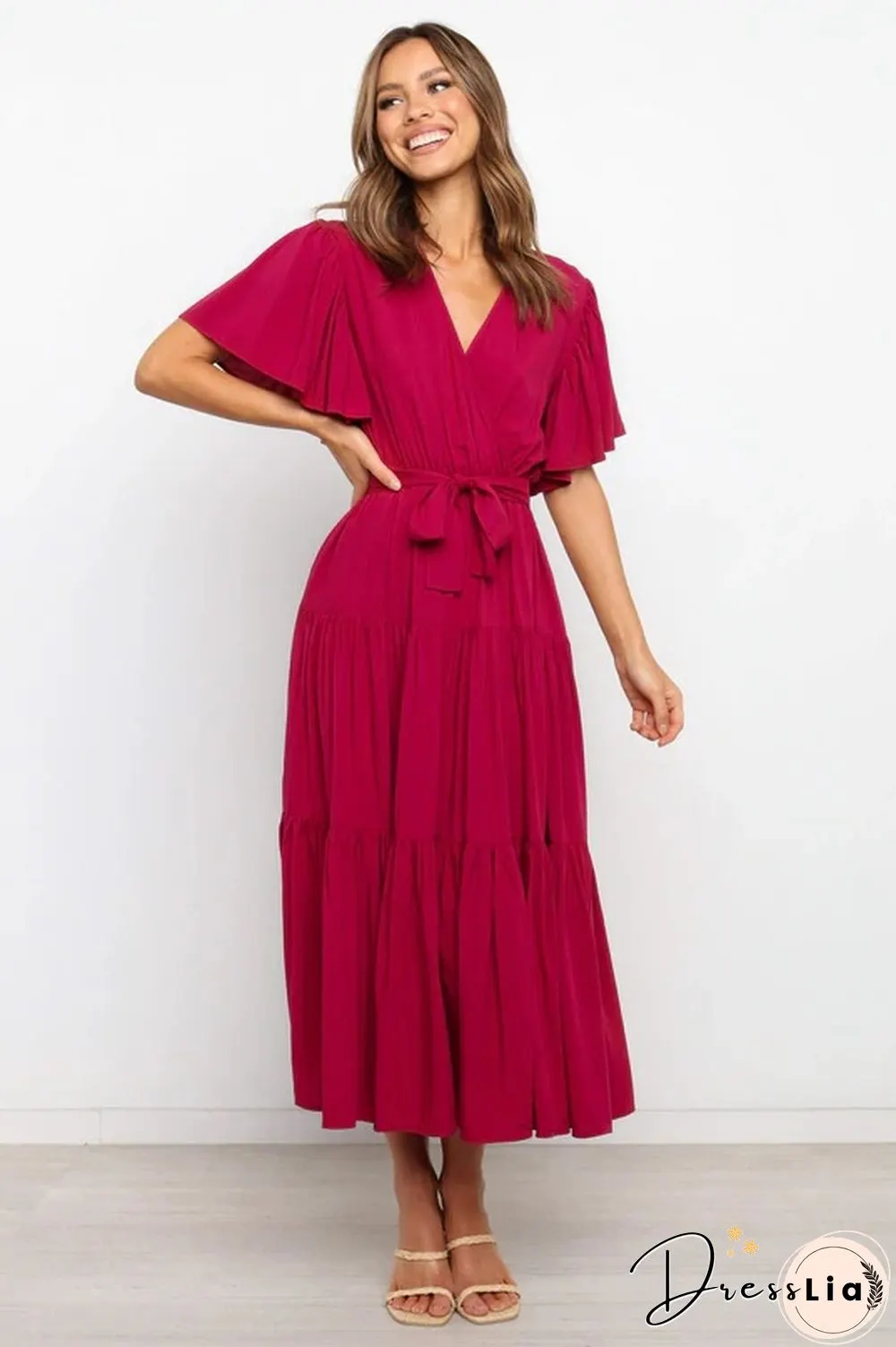 Boho Beach Vacation Summer Women Dresses New Solid V-Neck Short Ruffle Sleeve Lace-up Swing High Waist A-line Long Dress