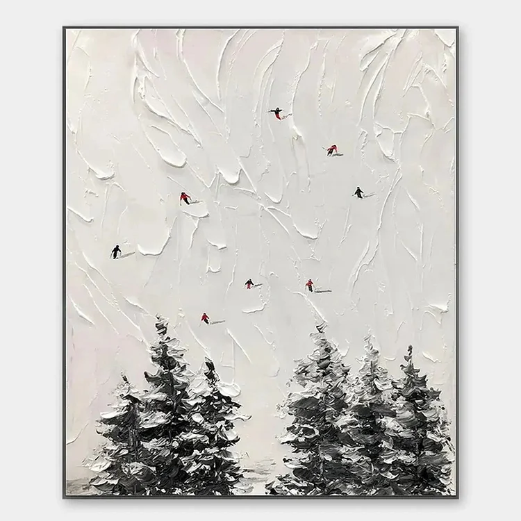 ALPINE SKI: Textured Minimalist Ski Scene Painting in Black and White（Canvas painting）