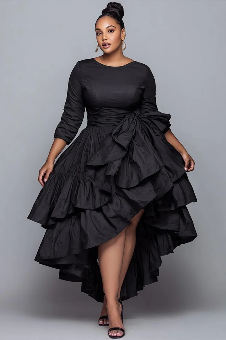Xpluswear Design Plus Size Cocktail Party Black Round Neck 3/4 Sleeve Ruffle Elegant Asymmetric Hem Midi Dresses [Pre-Order]