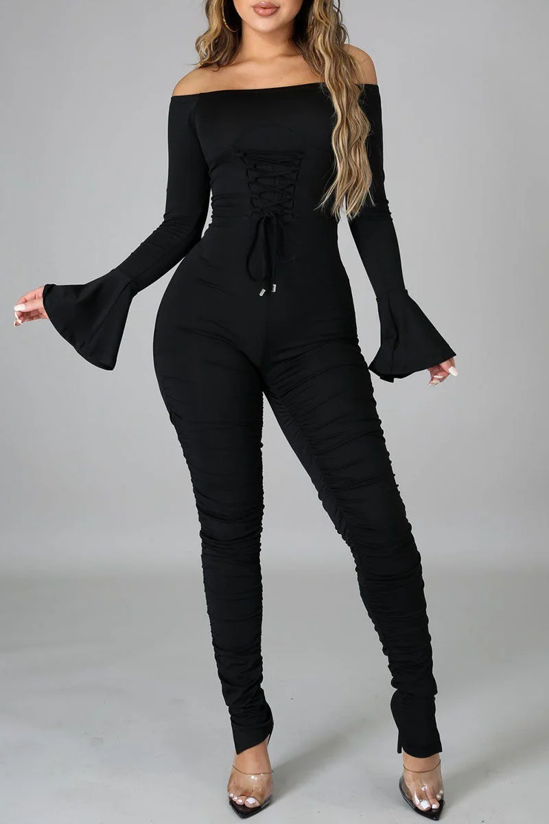 Sexy Solid Bandage Split Joint Fold Off the Shoulder Regular Jumpsuits