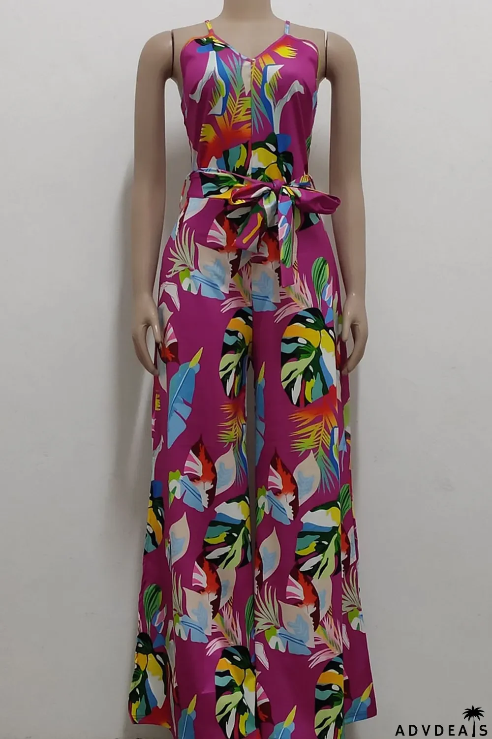 Red Casual Print Patchwork Spaghetti Strap Straight Jumpsuits