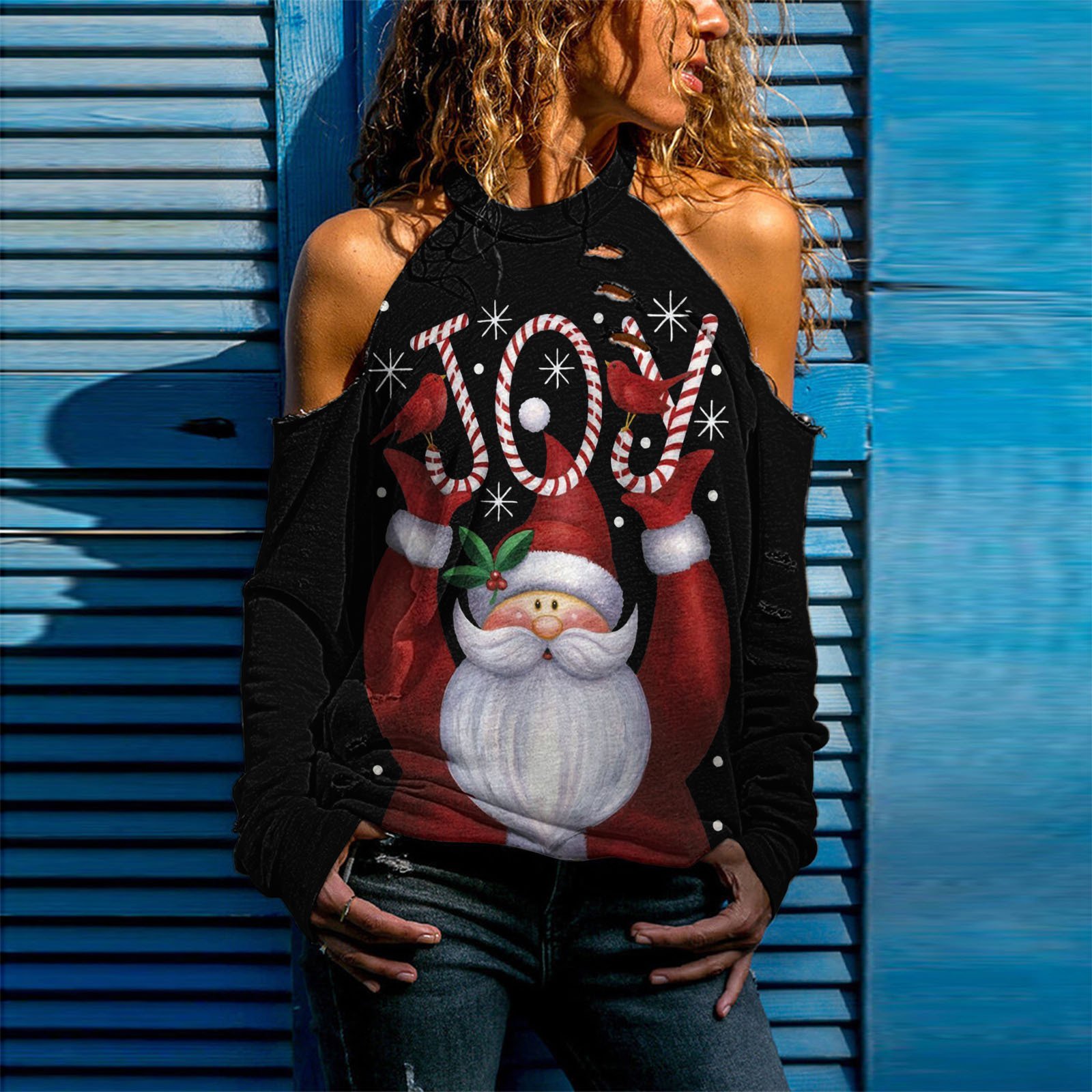  thdmladies Christmas Hollow Long-Sleeved T-shirt Top thedmladies