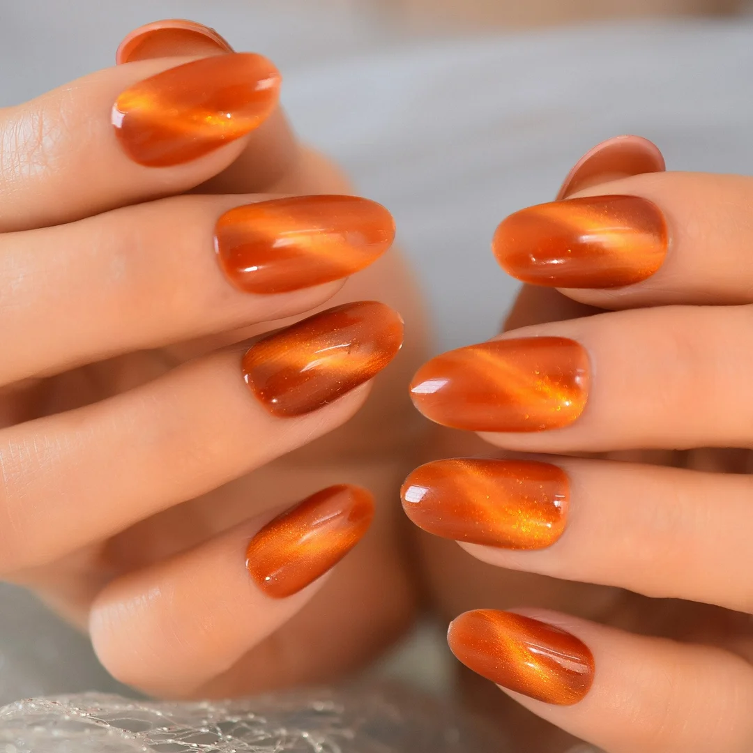 24Pcs Europe and America False Press On Nails With Design Best Artificial Nail Art Supplier Round Caramel Orange Color Tips