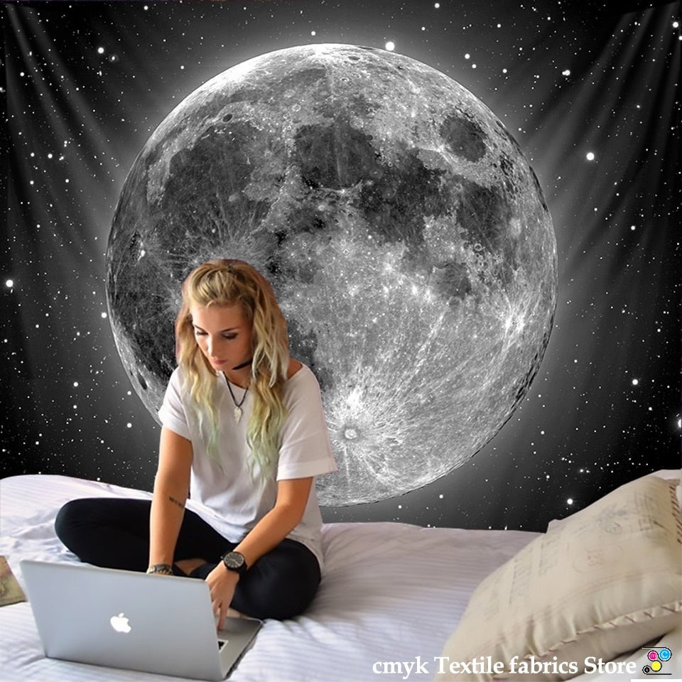 Black and White Moon Tapestry Starry Sky Printing Tapestry Wall Beach Blanket Picnic Yoga Mat Living Room Decor