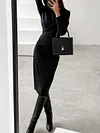 Urban Round-Neck Long Sleeve Solid Color Simple Midi Dress
