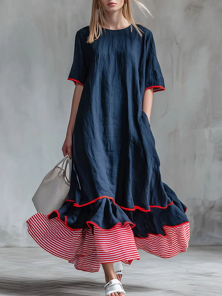 Women&rsquo;s Patchwork Striped Midi Dress &ndash; Casual Red Summer Dress