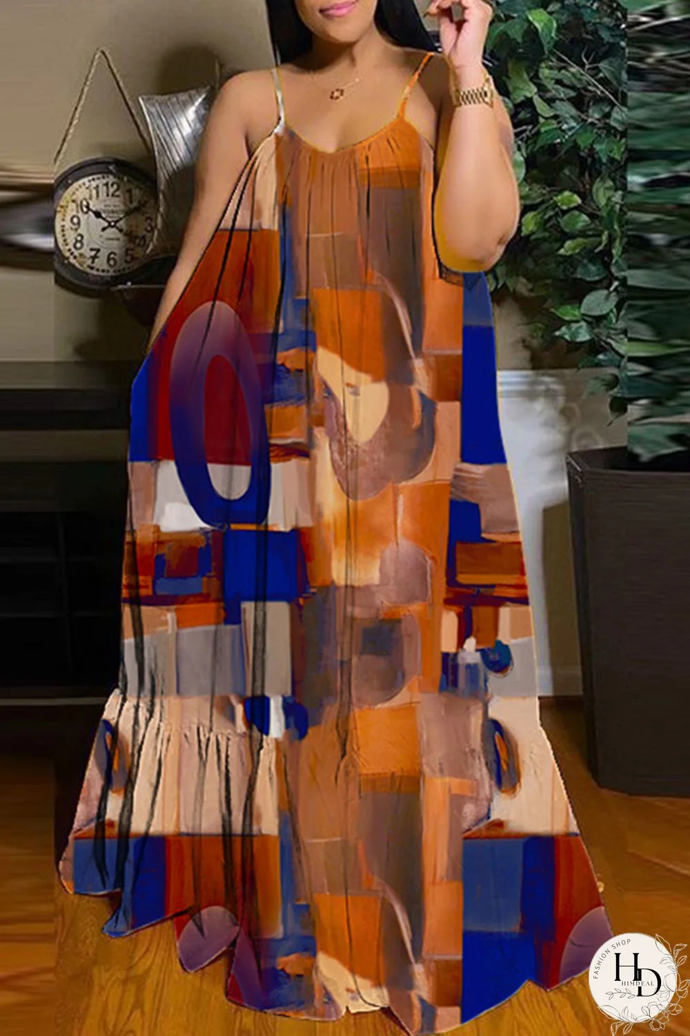 Apricot Sexy Casual Print Backless Spaghetti Strap Long Dress Dresses