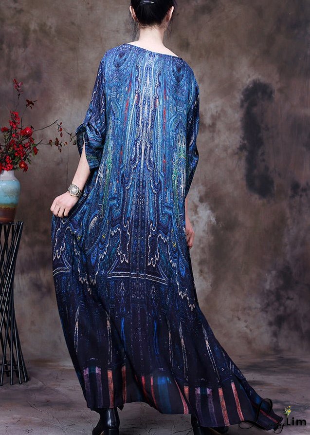 Elegant Peacock Blue V Neck Print Side Open Button Silk Long Dresses Summer
