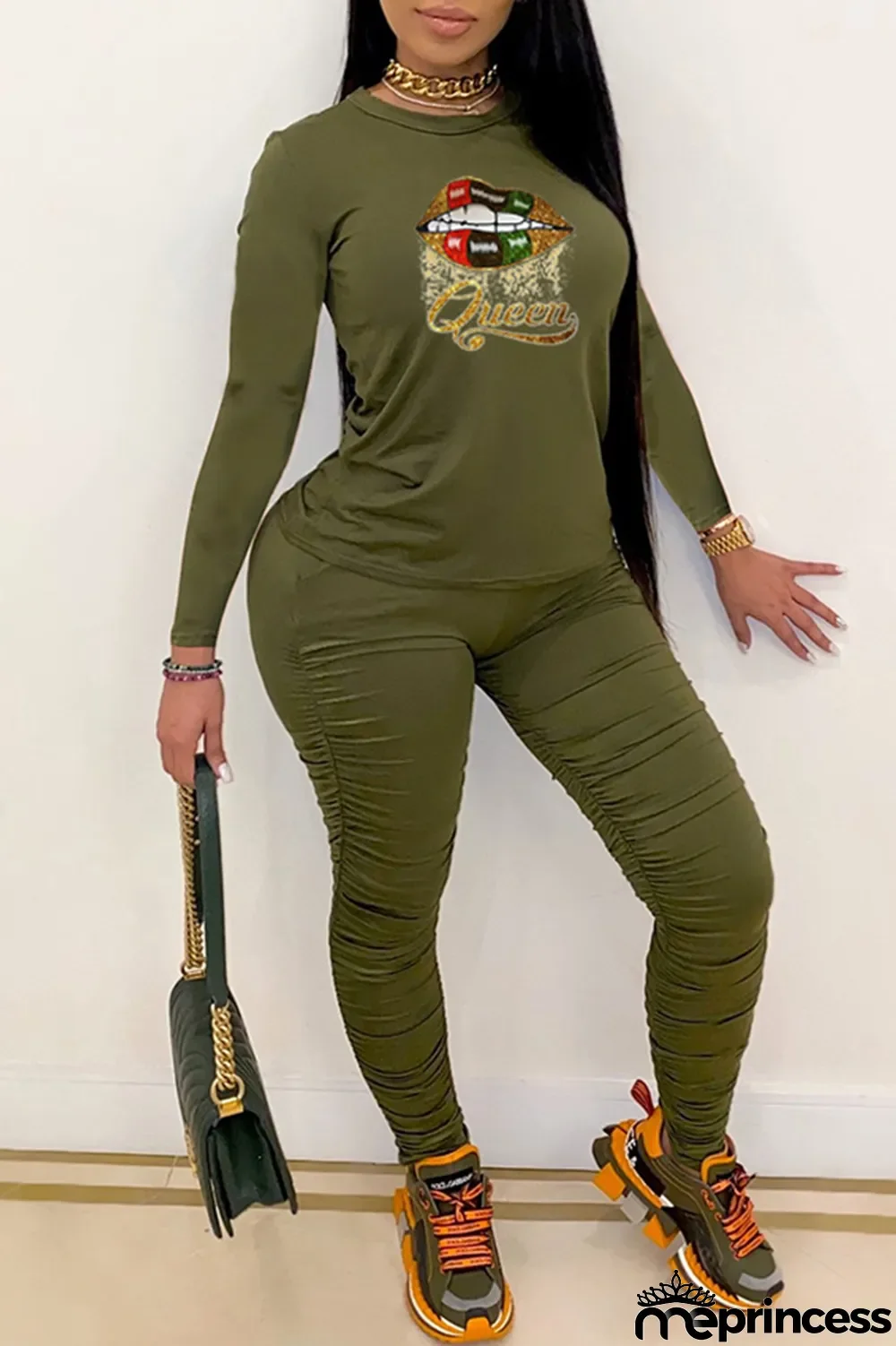 Burgundy Fashion Casual Print Fold O Neck Long Sleeve Two Pieces