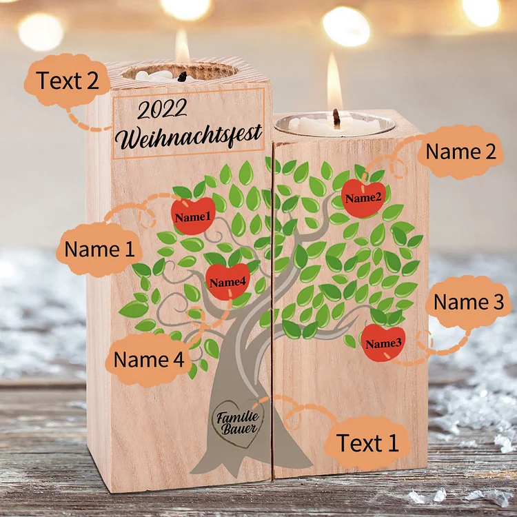 Personalisierte 4 Namen & 2 Texte Apfelbaum Kerzenhalter-Familie Thema Hölzernen Kerzenhalter