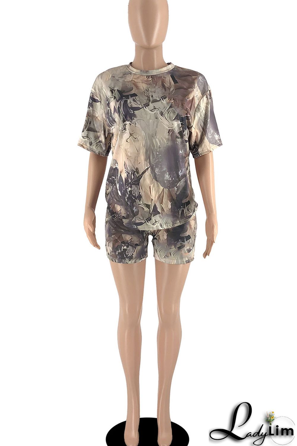 Army Green Casual Print Patchwork O Neck Short Sleeve Two Pieces