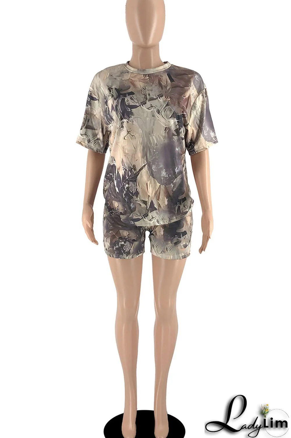 Army Green Casual Print Patchwork O Neck Short Sleeve Two Pieces