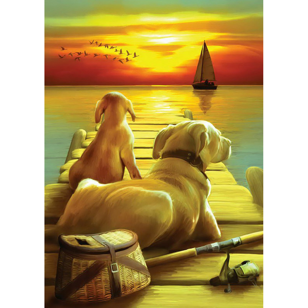 

30*40CM - Round Drill Diamond Painting - Sunset and Dogs, 501 Original