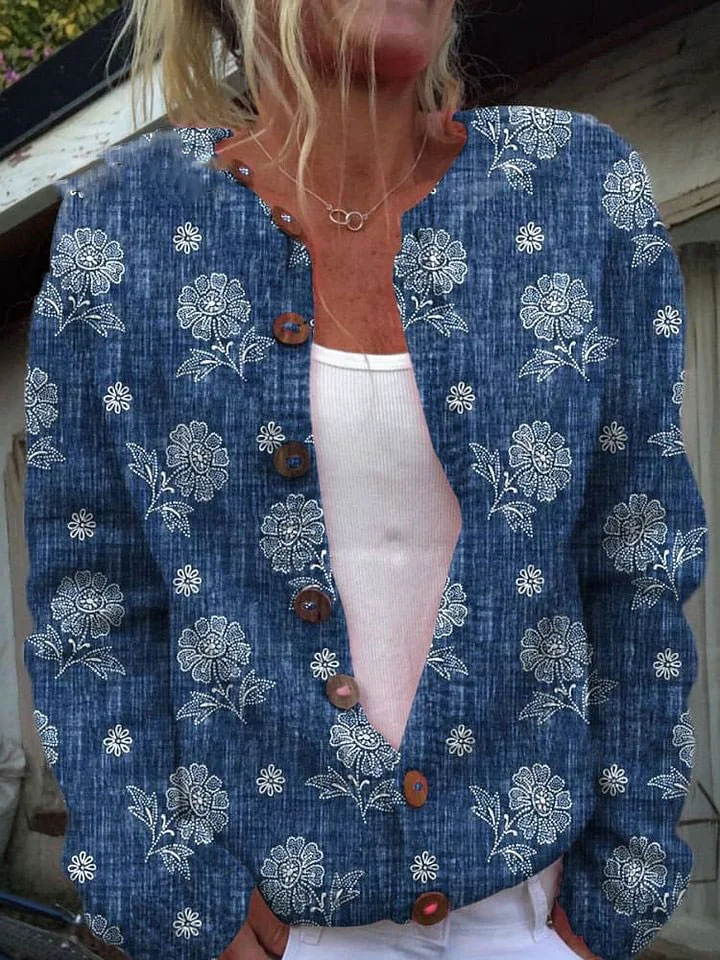 Women's Vintage Lovely Floral Art Print Buttoned Cardigan Sweater